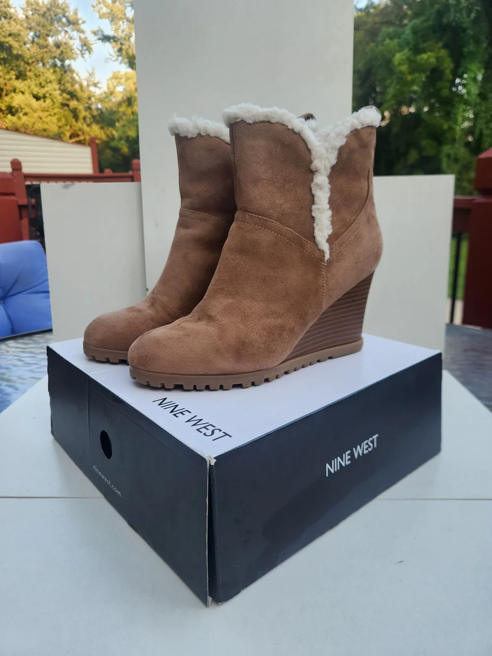 Nine West Women's Tan Suede Wedge Booties with Shearling Trim